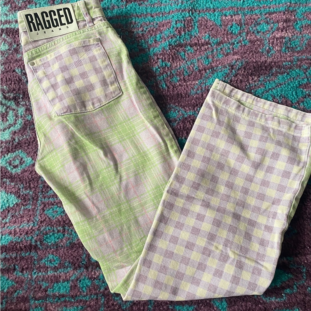 The Ragged Priest Pastel Green and Lavender Gingham Jeans